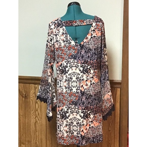 DB Established 1962 Womens BOHO Floral Sheer Sleeve Dress. Navy,peach,white sz10 - Picture 3 of 8